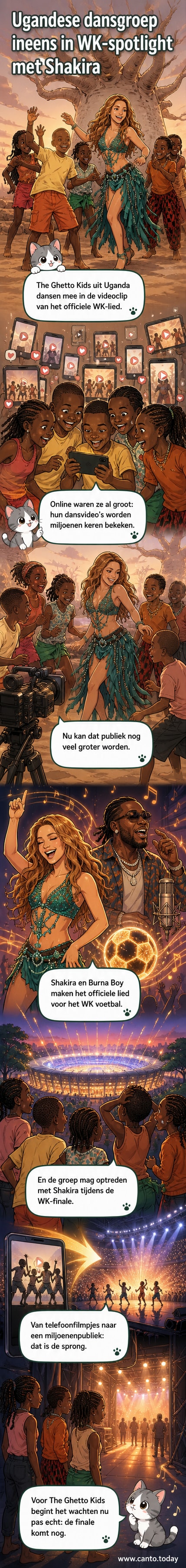 Jeugdige dansers uit Uganda dansen in kleurrijke kleding naast Shakira in een muzikale videoclip.