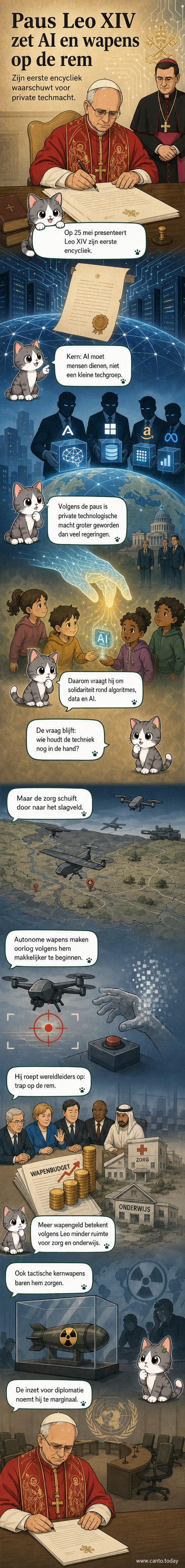 Illustratie van paus Leo XIV die spreekt vanaf een balkon, met een drone in de lucht achter hem en een wereldbol met AI-patronen erop.