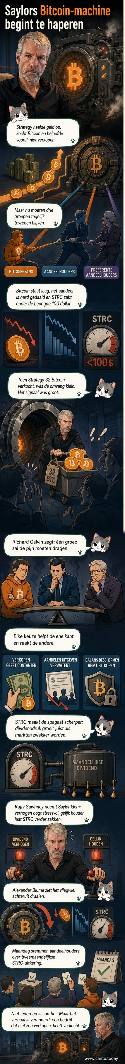Illustratie van een grote machine met Bitcoin-symbolen die begint te kraken, met een grafiek die daalt en een hand die munten verkoopt.