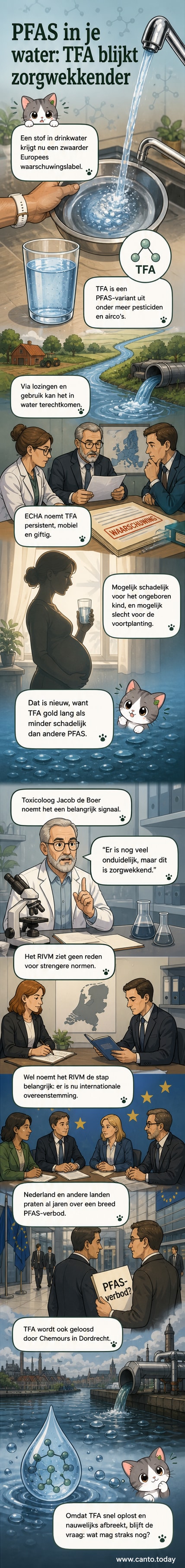 Illustratie van waterdruppels met moleculen van TFA, een schadelijke PFAS-stof, die zich verspreiden in een glas drinkwater en een wijnglas, met een waarschuwingssymbool in de achtergrond.