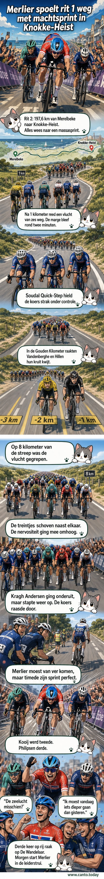 Tim Merlier sprintt naar de zege in Knokke-Heist, met publiek langs de kant en rivalen achter zich.