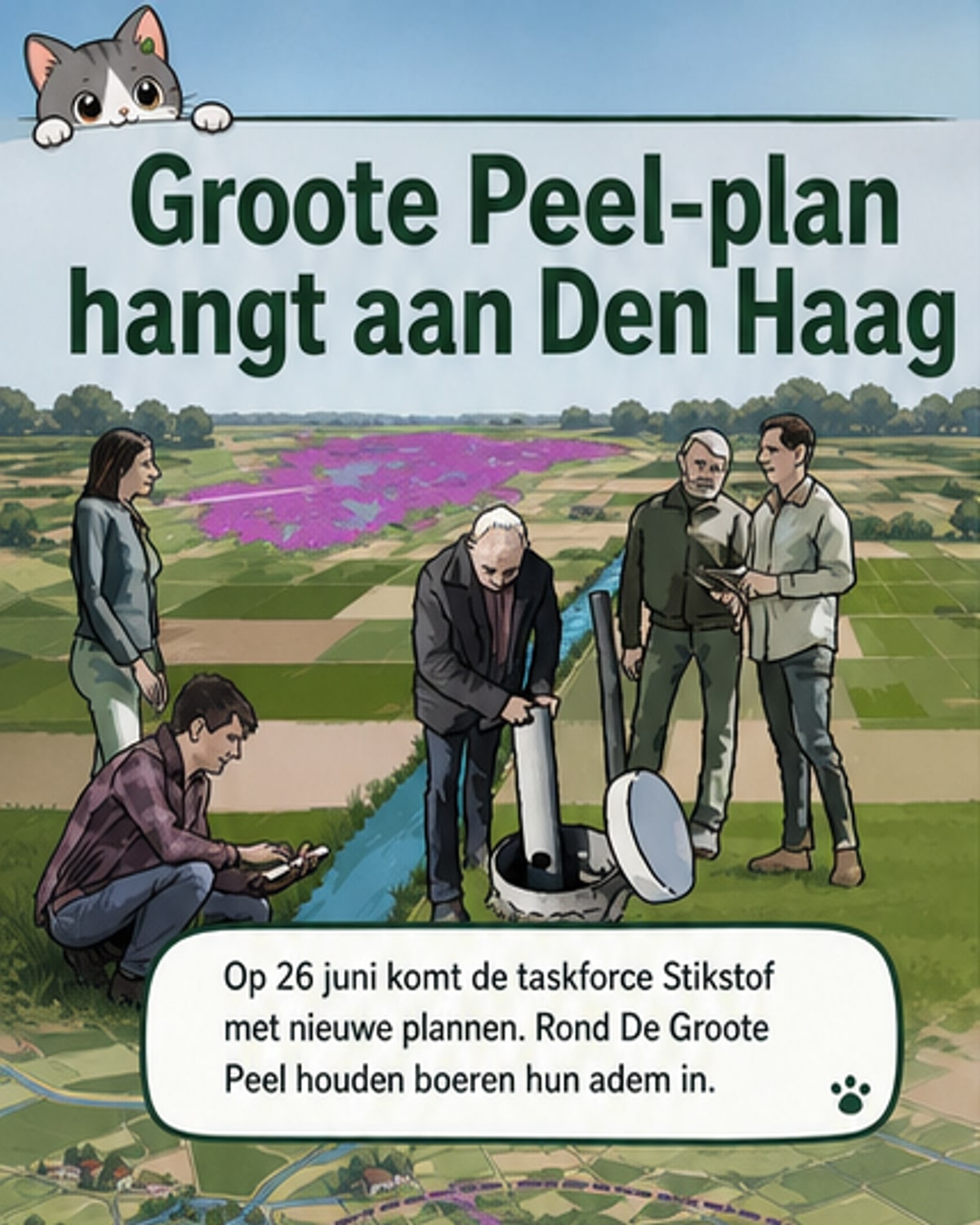 Boeren in een akkerlandschap bij De Groote Peel bespreken een plan voor duurzame drainage in plaats van grondwateronttrekking.