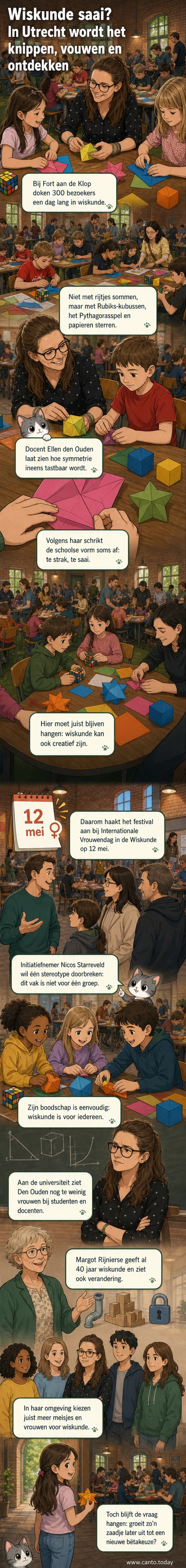 Bezoekers van het Wiskundefestival in Utrecht vouwen papieren kubussen en werken aan wiskundige puzzels onder begeleiding van docenten.