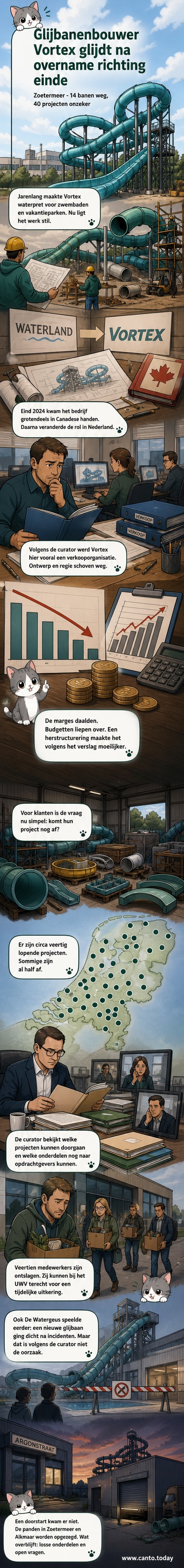 Een verlaten industriepand in Zoetermeer waar eerder Vortex Aquitic Structures zetelde, met een lege parkeerplaats en gesloten deuren.