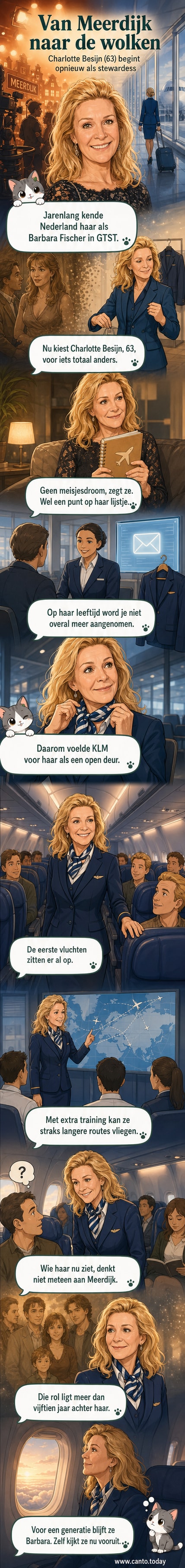 Charlotte Besijn in KLM-uniform, glimlachend bij de instapdeur van een vliegtuig, met GTST-archiefbeeld in de achtergrond.