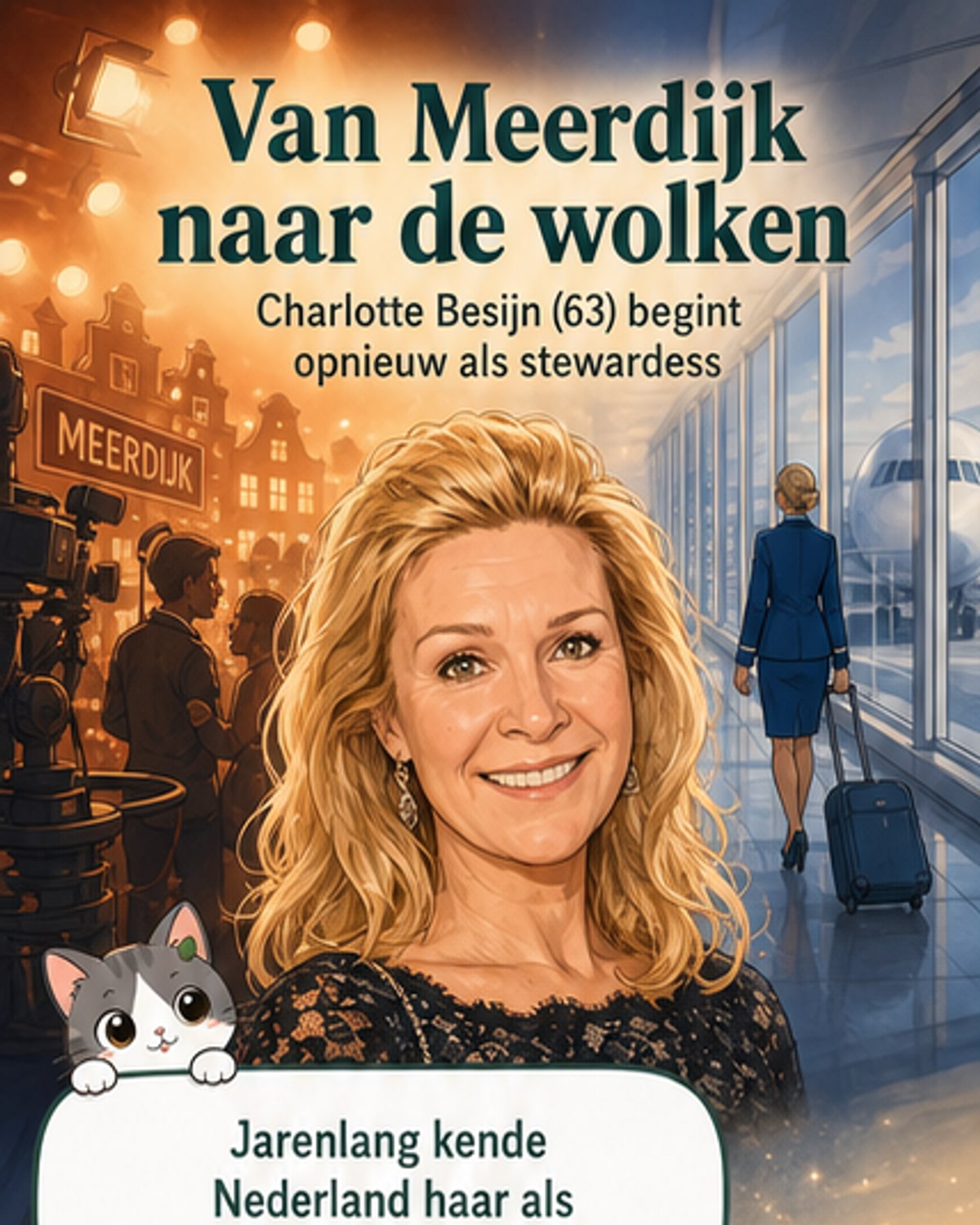 Charlotte Besijn in KLM-uniform, glimlachend bij de instapdeur van een vliegtuig, met GTST-archiefbeeld in de achtergrond.