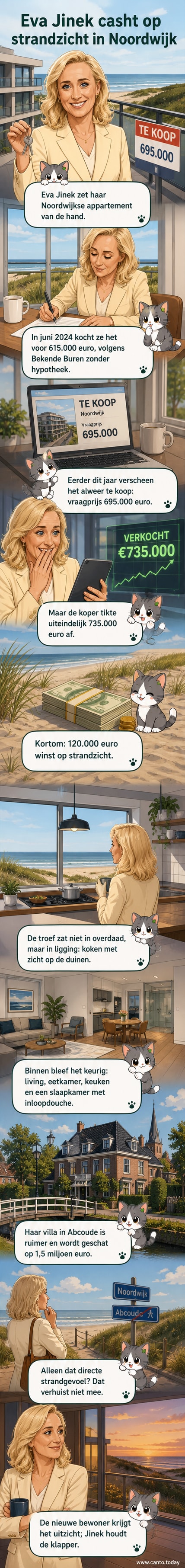 Illustratie van een modern appartement aan het strand in Noordwijk, met uitzicht op de duinen en de Noordzee, omringd door zonlicht.