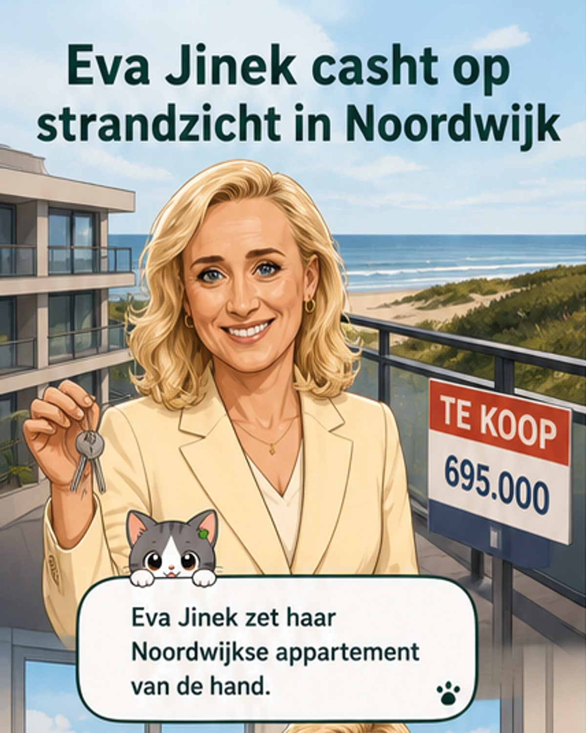 Illustratie van een modern appartement aan het strand in Noordwijk, met uitzicht op de duinen en de Noordzee, omringd door zonlicht.