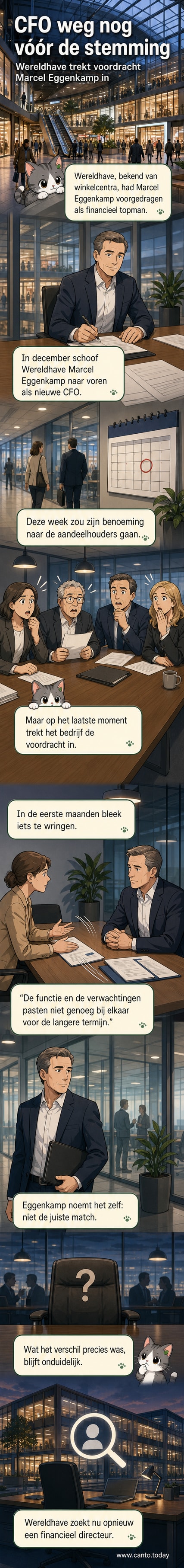 Illustratie van een lege directiekamer met een opgerold contract op de stoel, met het logo van Wereldhave op de achtergrond.