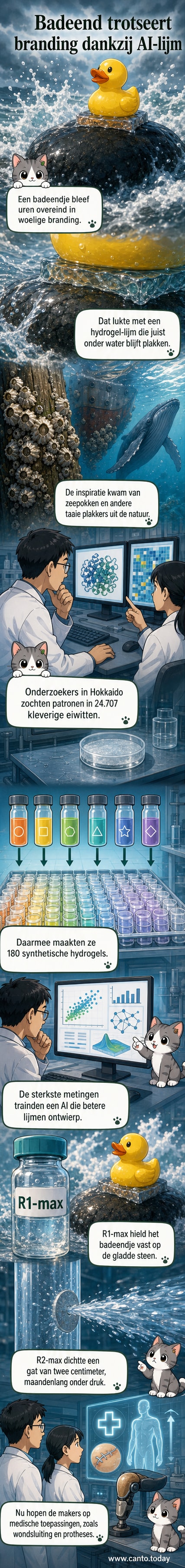 Een geel rubberen badeendje zit vastgelijmd op een gladde steen in de branding, omgeven door schuimend zeewater.