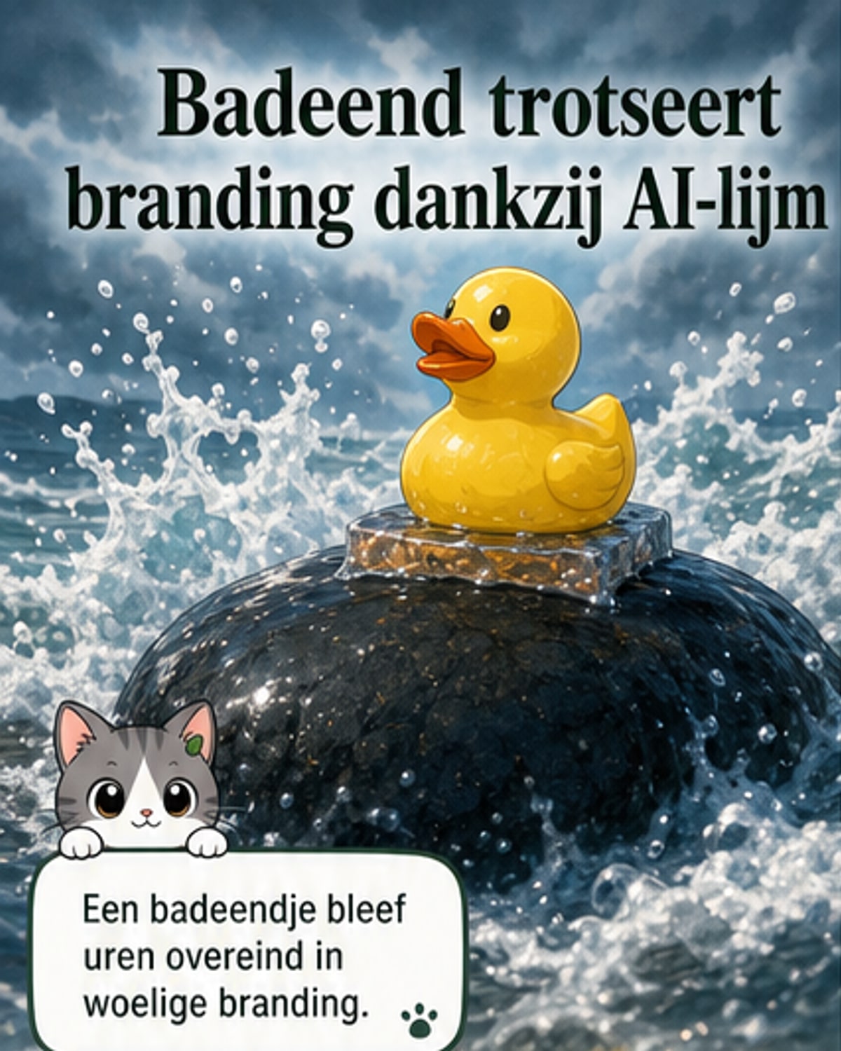 Badeendje blijft uren overeind in branding