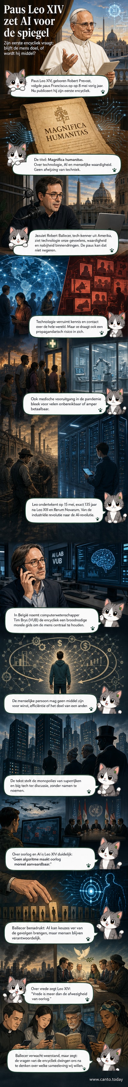 Een paus in witte soutane spreekt tot een wereld waarin schermen met AI-gezichten zweven, terwijl mensen elkaar loslaten en algoritmes oorlog beslissen.