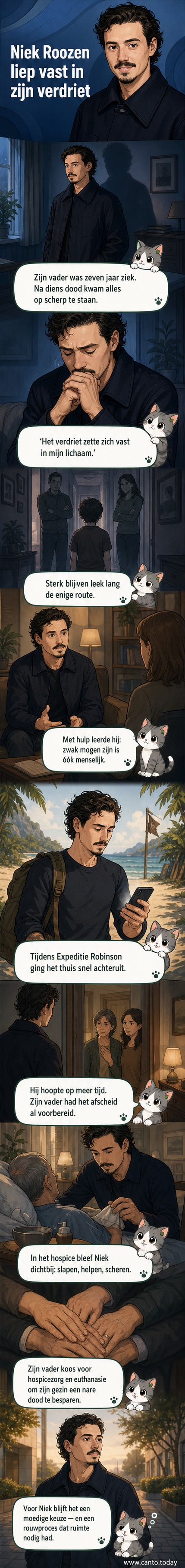 Illustratie van Niek Roozen in een rustige omgeving, met een blik van verdriet en reflectie, terwijl hij denkt aan zijn vader.