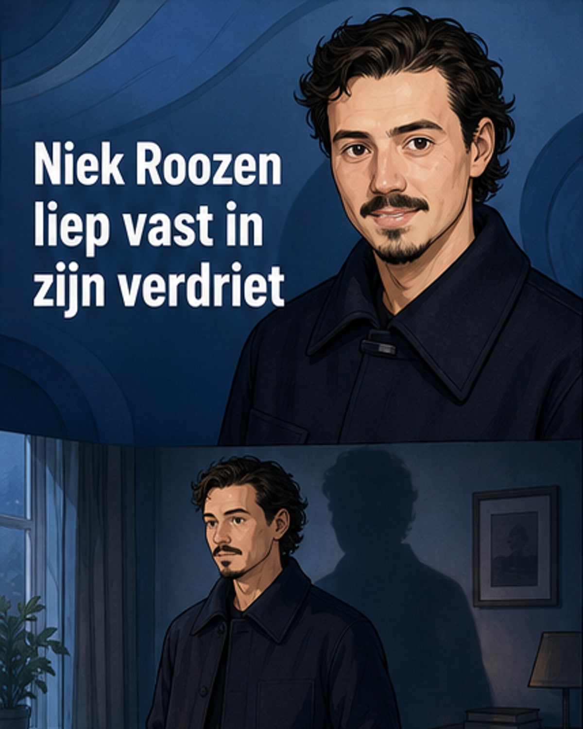 Illustratie van Niek Roozen in een rustige omgeving, met een blik van verdriet en reflectie, terwijl hij denkt aan zijn vader.