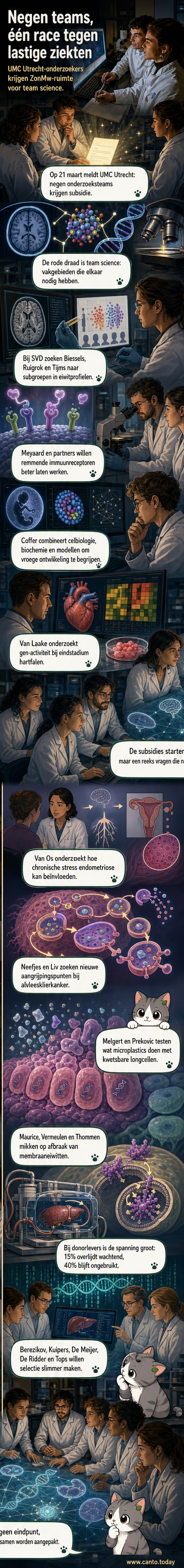 Illustratie van een multidisciplinair team van onderzoekers in een laboratorium, met DNA-modellen, microscopen en data-schermen op de achtergrond.