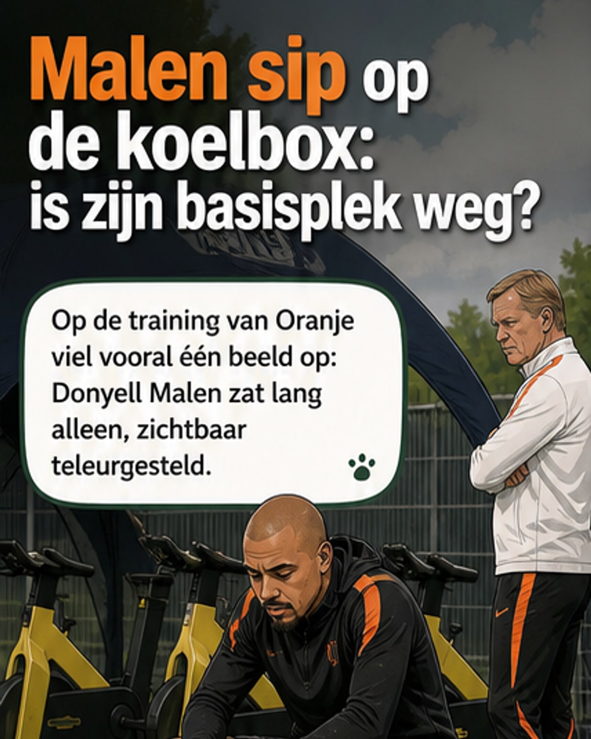 Donyell Malen zit sip op een koelbox tijdens de training, met Ronald Koeman in de achtergrond.