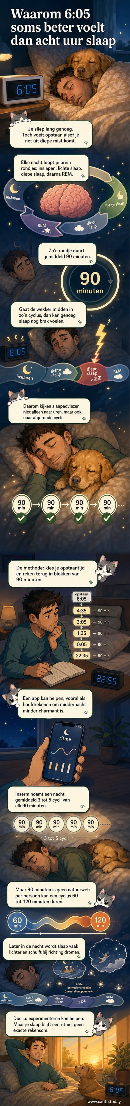 Illustratie van een persoon die slaapt met een brein dat lichtgevende golven uitzendt, gesynchroniseerd met een 90-minuten cyclus-timer.