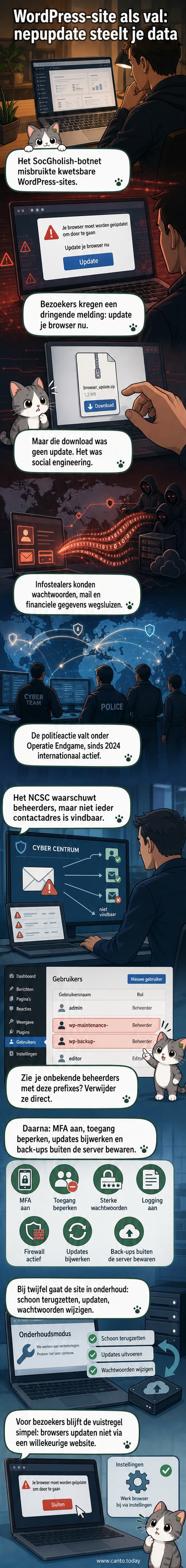 Een illustratie van een WordPress-website met een valse update-melding, waar een gebruiker op klikt terwijl een schaduwachtige figuur erachter staat.