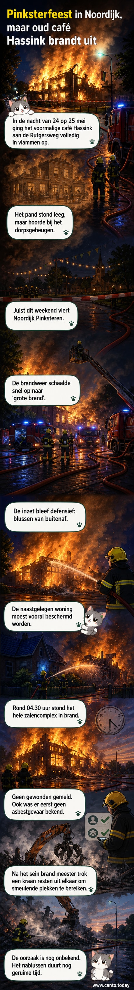 Brandweer voert blusoperatie uit bij een compleet uitgebrand zalencomplex in Noordijk tijdens de ochtenduren, met hoge rookwolken en meerdere hulpvoertuigen ter plaatse.