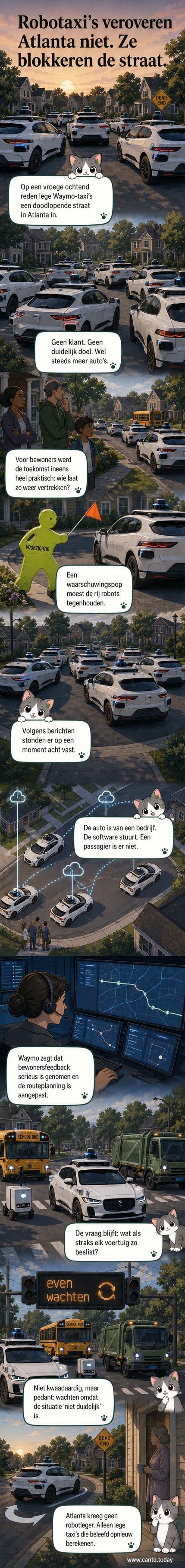 Meerdere witte zelfrijdende auto’s staan in een doodlopende straat in een Amerikaanse woonwijk, met bomen en huizen op de achtergrond.