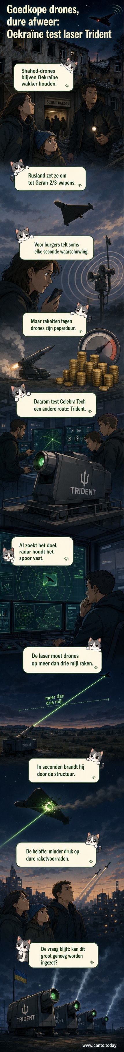 Illustratie van een laserstraal die een naderende drone raakt, met Oekraïense militairen in de achtergrond die het systeem monitoren.