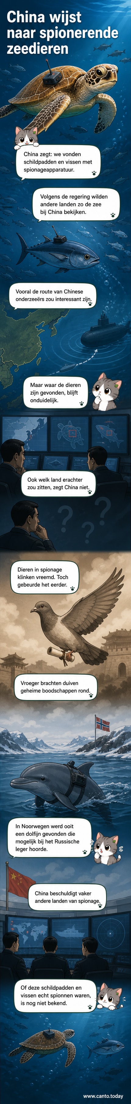 Illustratie van een zeeschildpad en een vis met kleine elektronische apparaten op hun rug, in de buurt van een Chinese kustlijn.