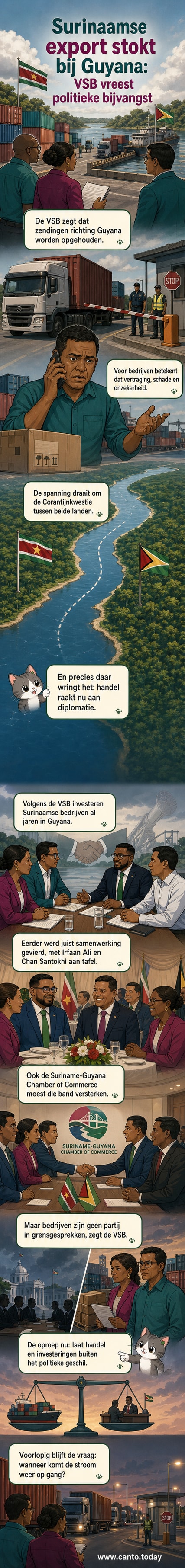 Illustratie van een Surinaamse vrachtwagen aan de grens met Guyana, met een stopbord en diplomatieke symbolen in de achtergrond.
