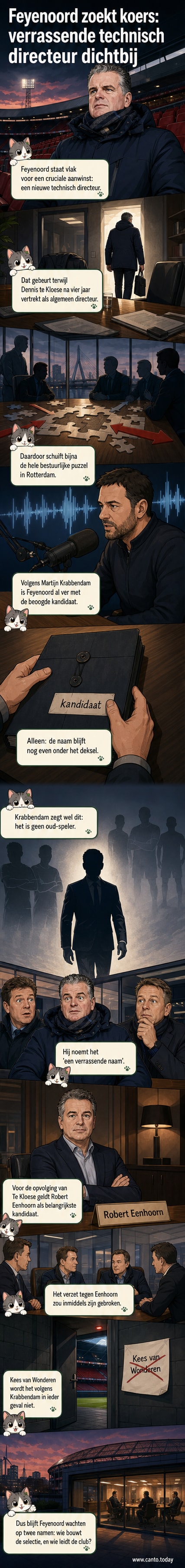 Illustratie van een Feyenoord-bestuurskamer met silhouetten van twee kandidaten: Robert Eenhoorn en een onbekende figuur met een vraagteken.