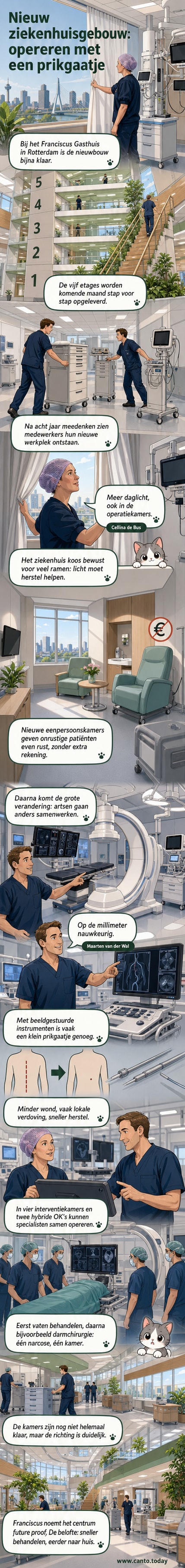 Een lichte, moderne ziekenhuisgang met grote ramen, houten trap en groene accenten, waar medewerkers de nieuwe operatievleugel van het Franciscus Gasthuis in Rotterdam inspecteren.