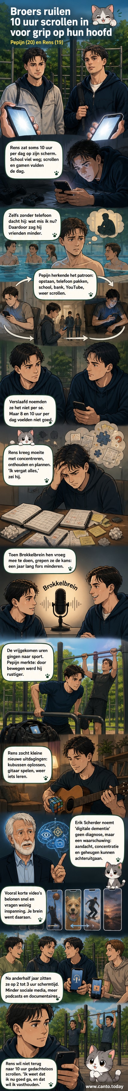 Twee jongens zitten buiten zonder telefoon, een van hen kijkt glimlachend op van een boek terwijl de ander een bal gooit.