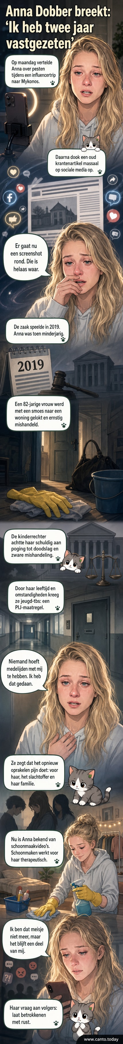 Anna Dobber kijkt ernstig in de camera tijdens een TikTok-reactievideo, met een donkere achtergrond en subtiele tekst: 'Mijn verleden'.