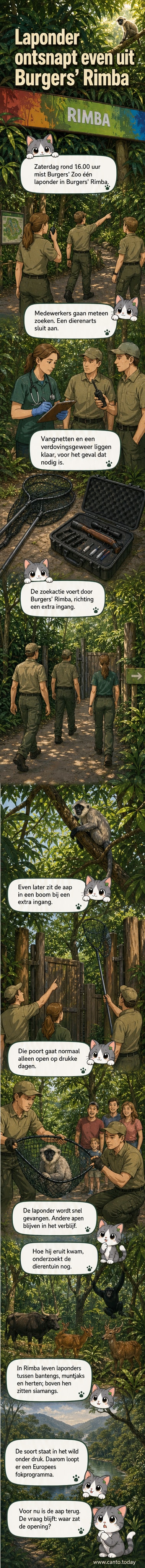 Illustratie van een laponder in een boom bij de ingang van een dierentuin, omgeven door medewerkers en veiligheidsnetten.