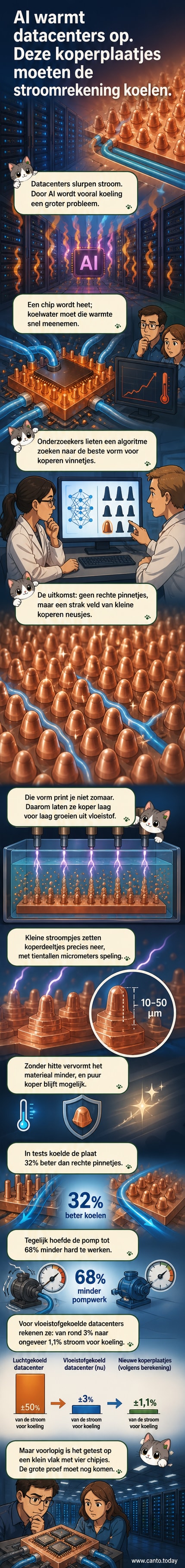 Illustratie van een geavanceerde koperen koelplaat met microscopische vinnetjes op een chip, met blauwe koelkanalen eromheen.