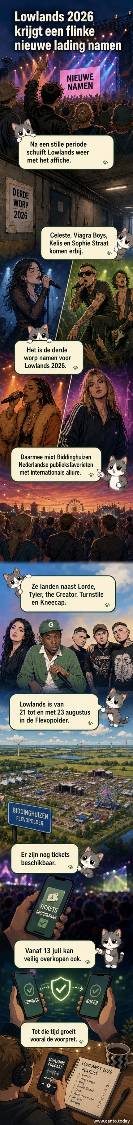 Affiche van Lowlands 2026 met de namen van nieuwe acts zoals Celeste, Viagra Boys en Kelis.