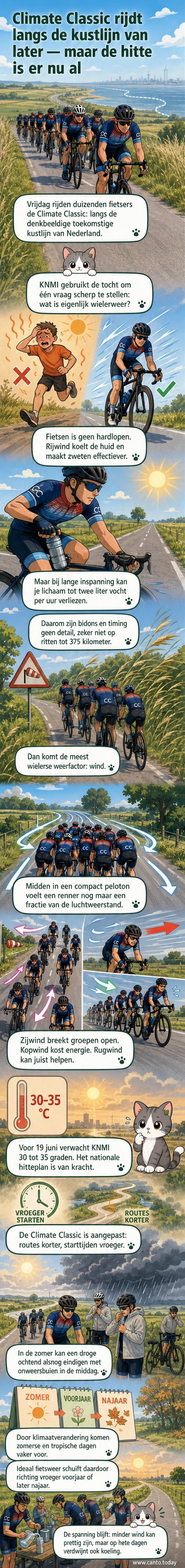 Een fietstocht langs de toekomstige kustlijn van Nederland, met weersymbolen voor zon, wind en regen erboven, terwijl het water langzaam de laaggelegen polders binnenstroomt.