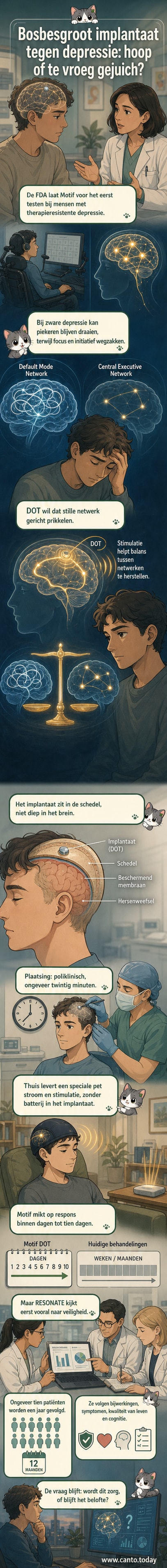 Opengetekende weergave van een klein hersenimplantaat in de schedel, met draadloze verbinding naar een pet die bovenop het hoofd wordt gedragen.