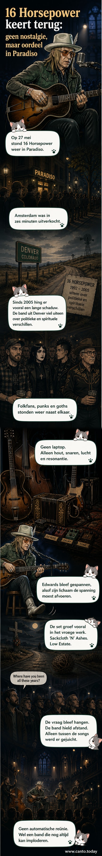 16 Horsepower op het podium van Paradiso, met David Eugene Edwards op een kruk, omgeven door gitaren, een accordeon en een contrabas, in een sober, donker verlichte setting.