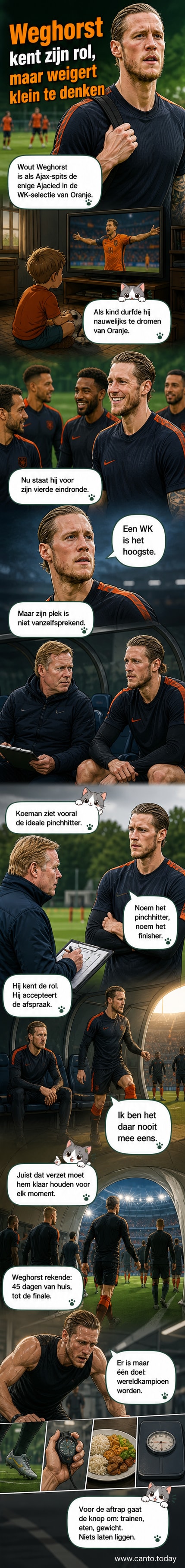 Wout Weghorst in Oranje tenue, balend met een intense blik, omringd door symbolische beelden van een WK-stadion en de wereldbeker.