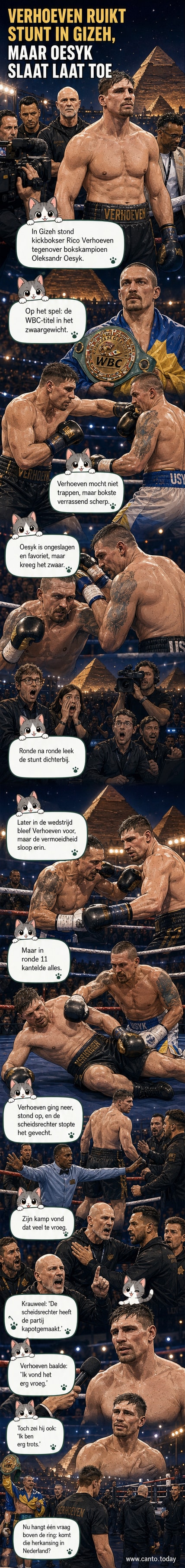 Rico Verhoeven in de boksring tegen Oleksandr Oesyk, met de piramides van Gizeh op de achtergrond.