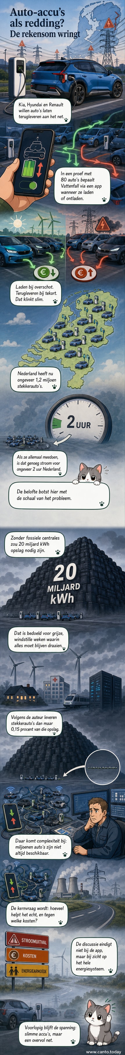 Illustratie van elektrische auto’s die zijn aangesloten op het stroomnet, met een grafiek die de kleine bijdrage van hun batterijcapaciteit aan de totale opslagbehoefte toont.