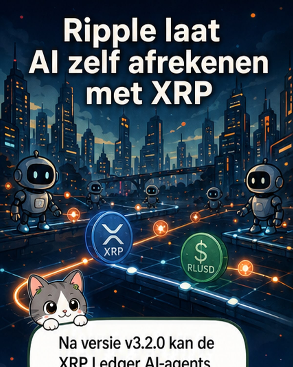 Illustratie van een AI-robot die een digitale betaling met XRP uitvoert op een blockchain-netwerk, met schermen vol code en transactiegegevens op de achtergrond.