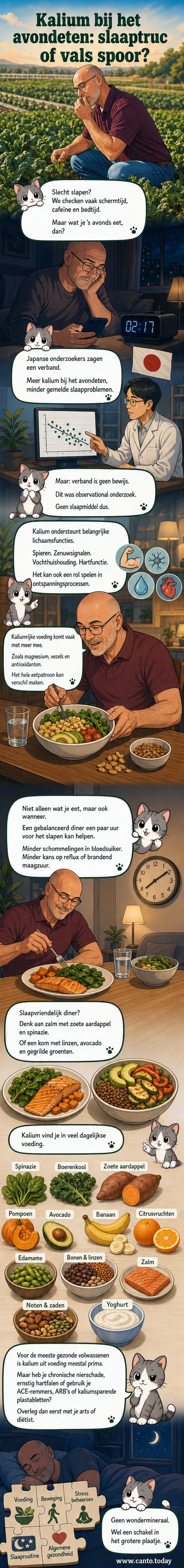 Illustratie van een bord met kaliumrijke voeding zoals zalm, spinazie en avocado, met een maan erboven voor de nacht.