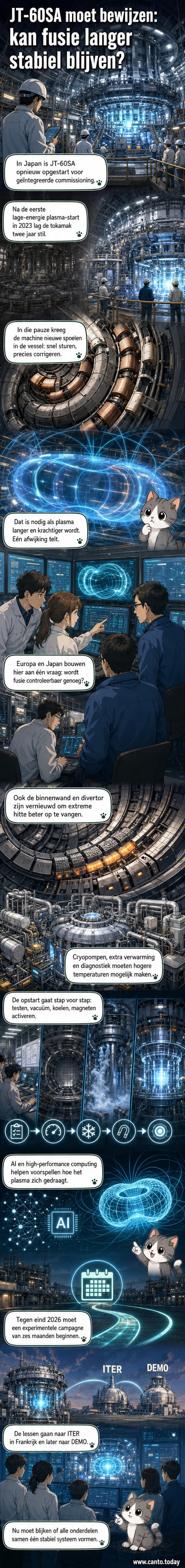 Binnenin de JT-60SA tokamak in Japan, met zicht op de ringvormige magneten en geüpgrade componenten tijdens een internationale inspectie.