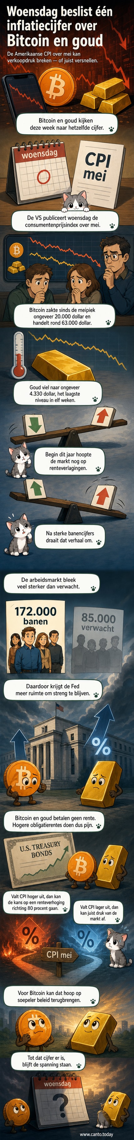 Grafiek die de dalende koers van Bitcoin en goud laat zien, met de komst van de Amerikaanse inflatiegegevens als kantelpunt.