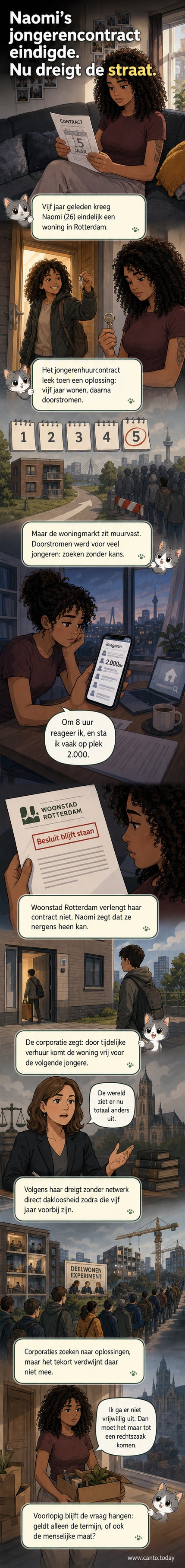 Illustratie van een jonge vrouw die voor een appartement staat met een verhuisdoos in haar hand, terwijl een brief met 'contract beëindigd' op de grond ligt. Achtergrond toont een dichte rij huizen met lange wachtlijsten.