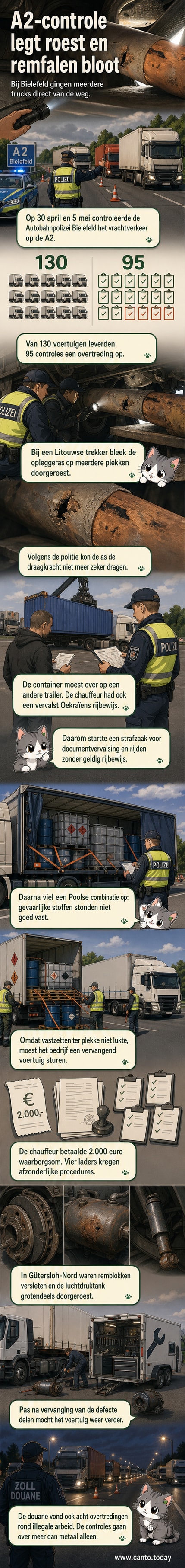 Foto van een zwaar doorgeroeste vrachtwagenas en een inspecteur die een controle uitvoert op de snelweg, met politieauto en andere voertuigen op de achtergrond.
