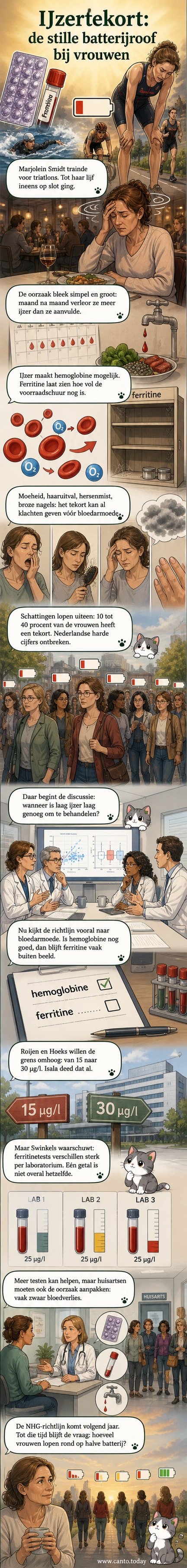 Een vrouw zit uitgeput op een bank, omgeven door medische symbolen zoals bloedcellen en ijzeratomen, terwijl een andere vrouw een bloedtest uitvoert.