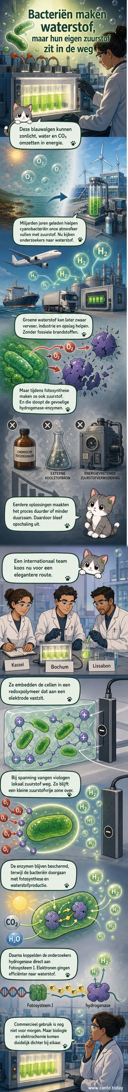 Illustratie van cyanobacteriën in een polymeerlaag die waterstof produceren terwijl zuurstof wordt weggevangen rond de cellen.