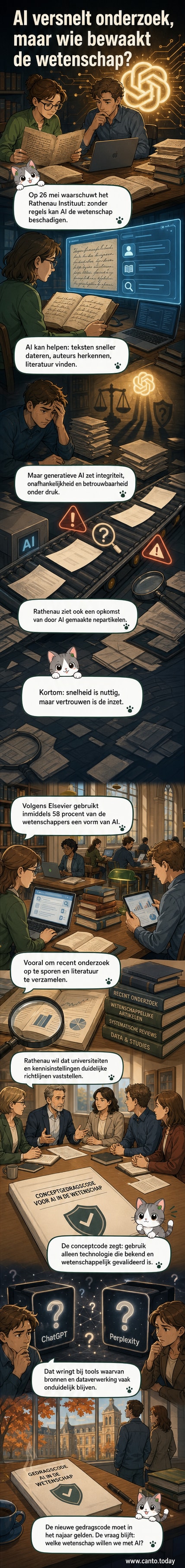 Illustratie van een wetenschapper die twijfelt bij het gebruik van een AI-scherm met nepartikelen en waarschuwingsborden.