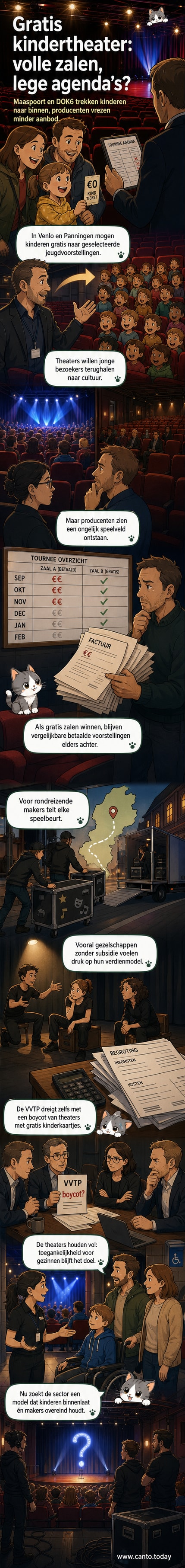 Een theaterzaal met kinderen die gratis een jeugdvoorstelling bekijken, terwijl producenten erbuiten staan en bezorgd kijken.
